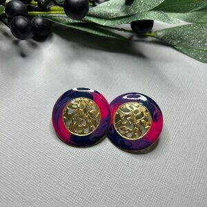 90’s Vintage Elegant Gold and Multicolor Earrings Marble Pattern